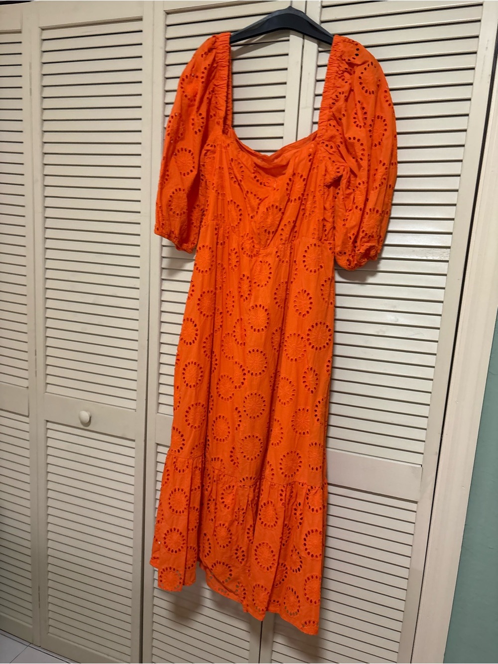 Zara Orange Eyelet Midi Dress with Puff Sleeves